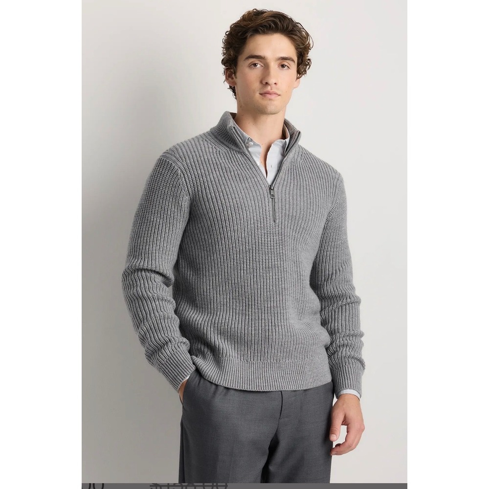 Quince Mens 100% Merino Wool Quarter Zip Sweater Gray Ribbed Fisherman Knit L